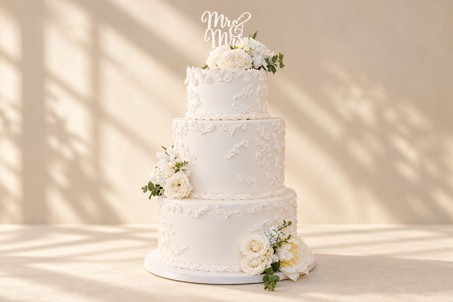 Tort de nuntă alb pe trei etaje, cu flori albe și topper Mr & Mrs