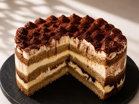 Tortul Tiramisu tăiat, cu straturi de pișcoturi și cremă de mascarpone sub cacao